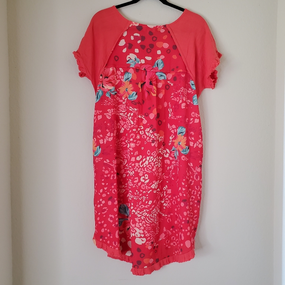 Umgee Womens Dress Sz Small Printed Back Floral Orange Frayed-Hem Linen Pockets